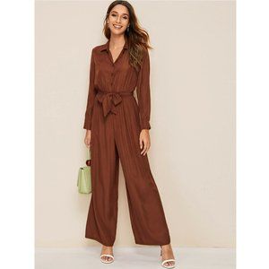 Button Front Belted Wide Leg Shirt Jumpsuit